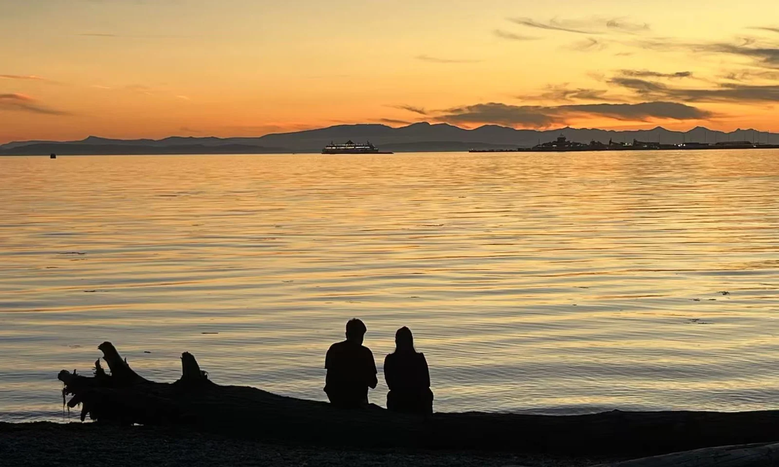 Sunset over the Strait of Georgia from Tsawwassen Beach below Fred Gingell Park, with two people sitting on a driftwood log and a ferry on the horizon